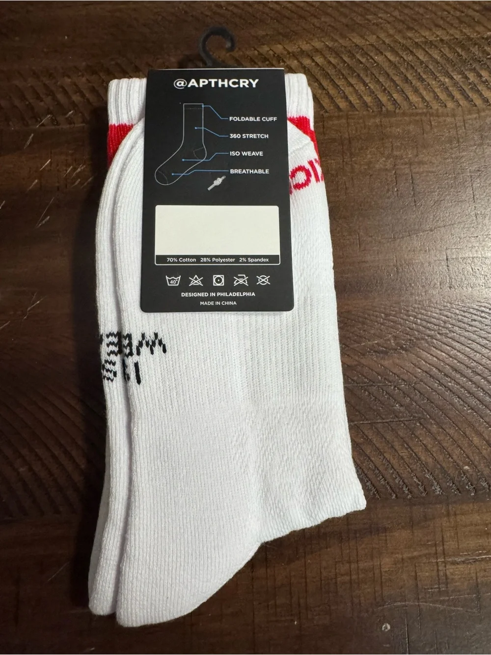 APTHCRY Athletic Crew Socks in White with Red & Blue Stripes